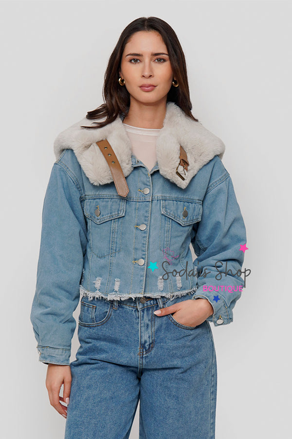 Chaqueta Denim Peluda Gris