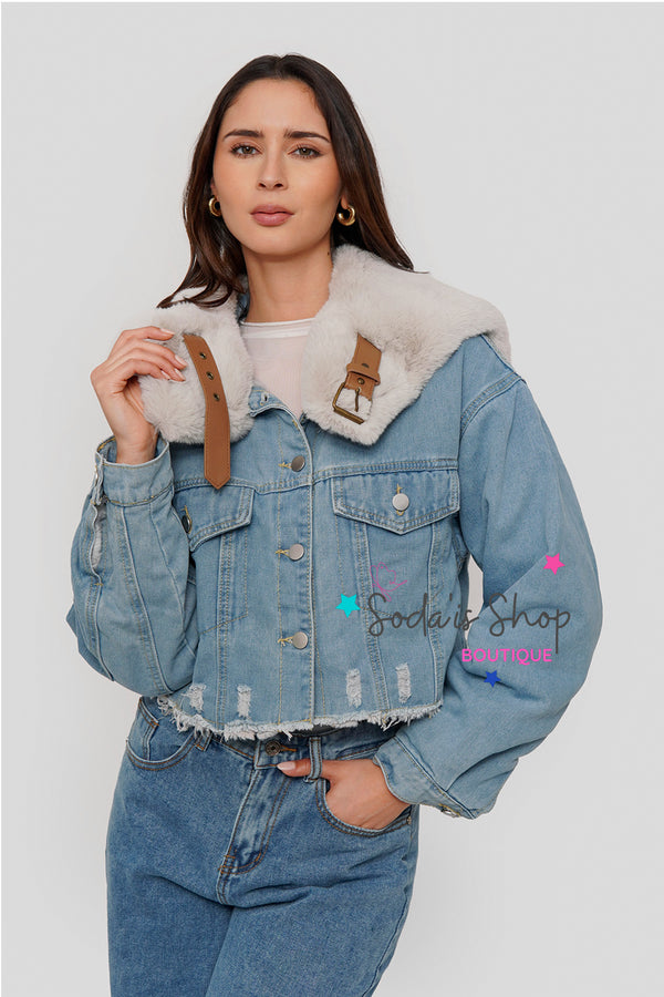 Chaqueta Denim Peluda Gris