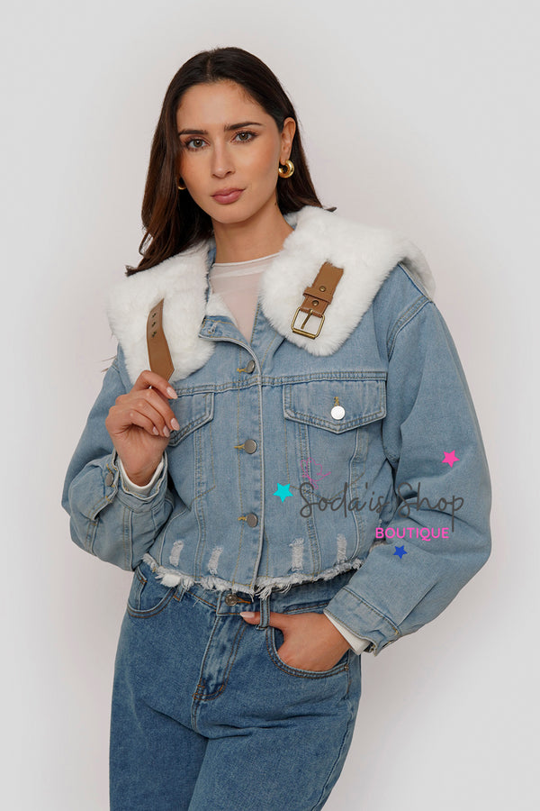 Chaqueta Denim Peluda Blanco