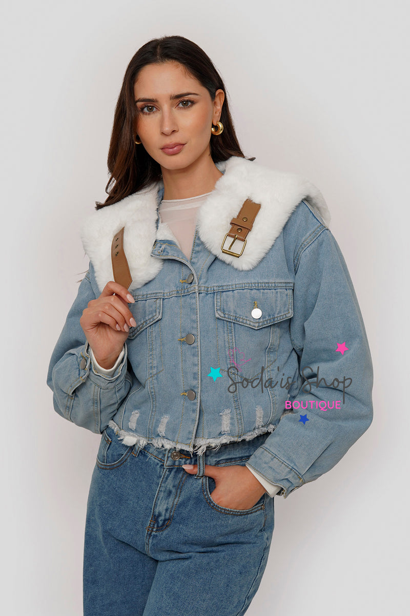 Chaqueta Denim Peluda Blanco