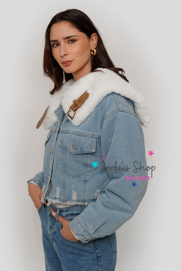 Chaqueta Denim Peluda Blanco
