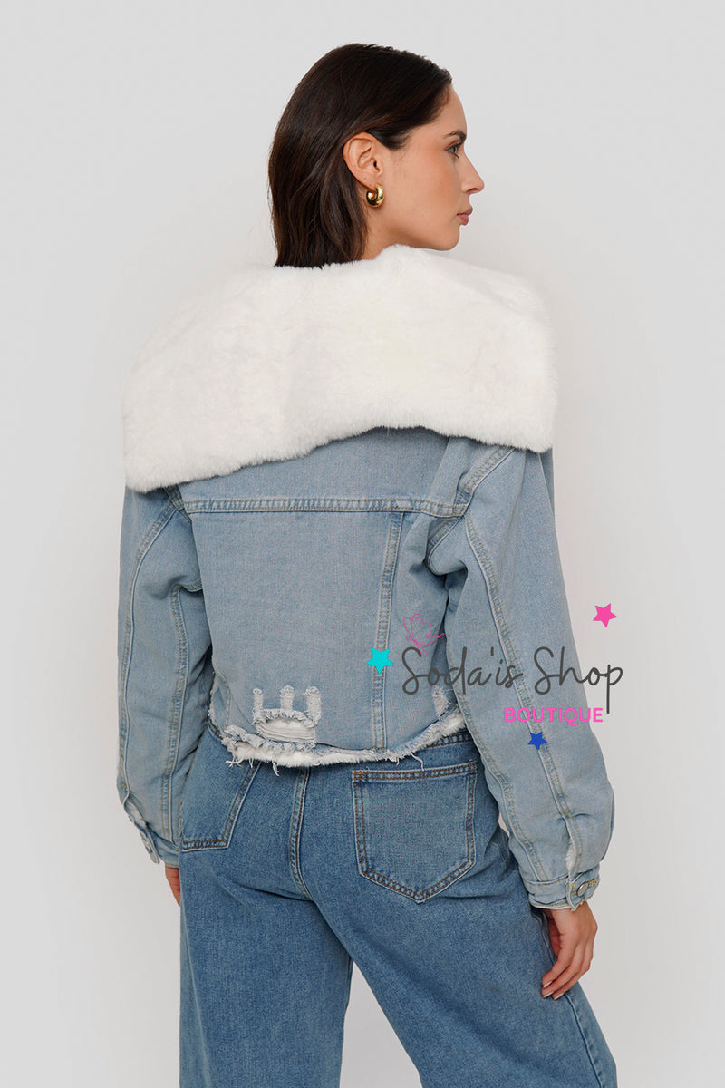 Chaqueta Denim Peluda Blanco