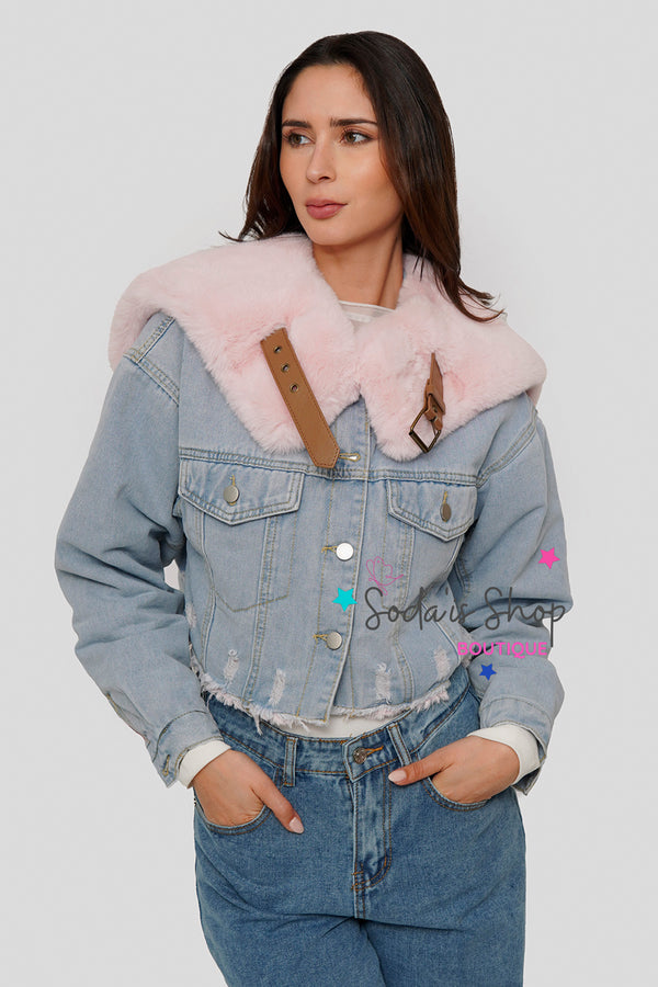 Chaqueta Denim Peluda Rosa